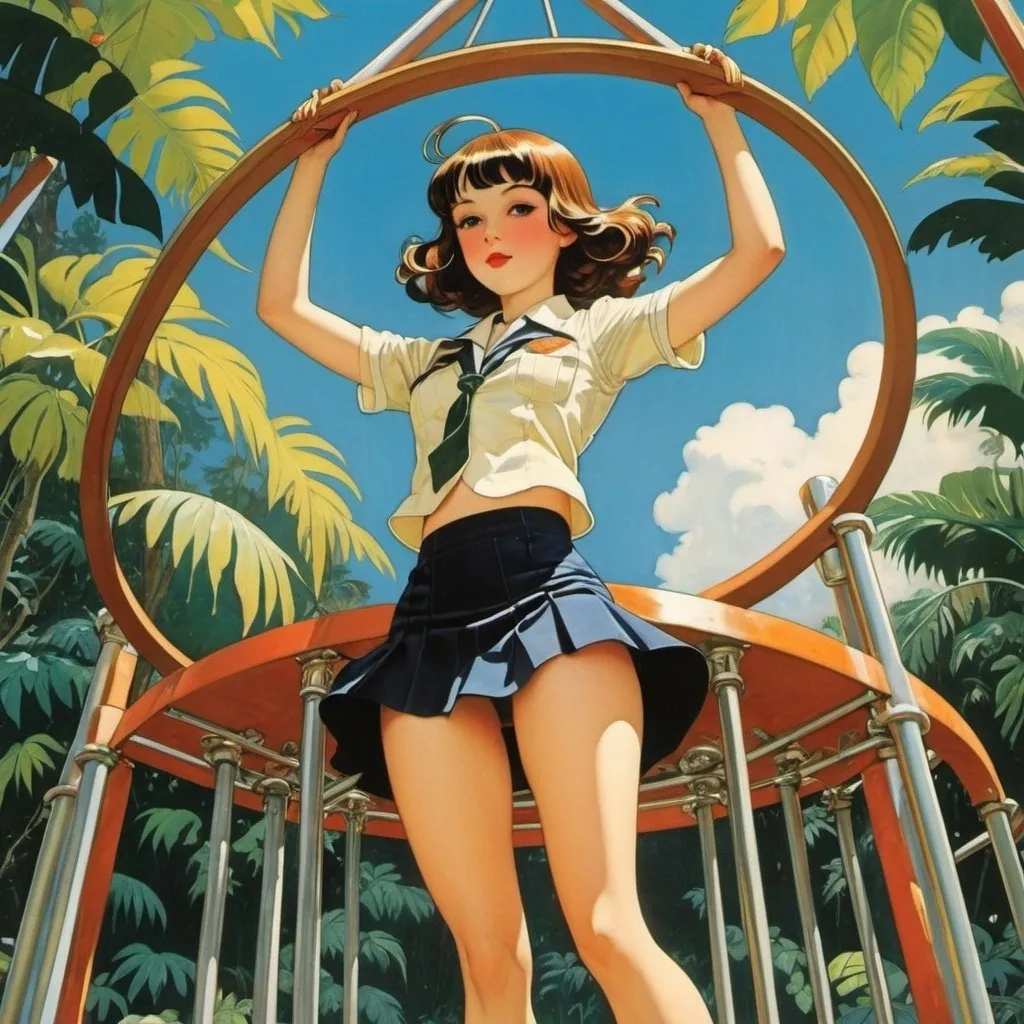 Prompt: Mabel Attwell, John Berkey, Richard M. Powers, George Barbier, Kore Yamazaki, Surrealism, wonder, strange, bizarre, fantasy, Sci-fi, Japanese anime, miniskirt beautiful high school girl on the rotating jungle gym, perfect voluminous body, adventure trip in the park and sandbox, detailed masterpiece 