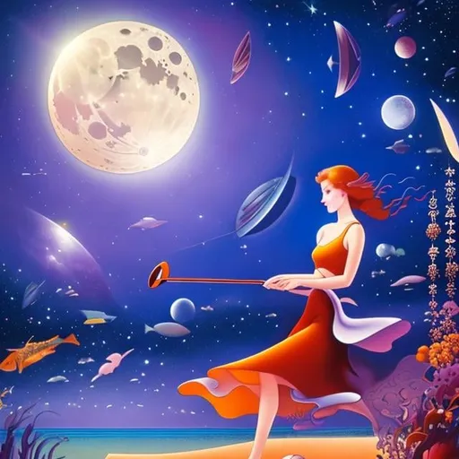 Prompt: Georges Lepape, Anne Anderson, Margaret Tarrant, Kenji Tsuruta, surreal, strange, weird, sci-fi fantasy, fantastic, astronomical reflector telescope, moon sinking under ocean, hot house, solo girl playing violin, hyperdetailed high definition high resolution high quality masterpiece very tight small short dress