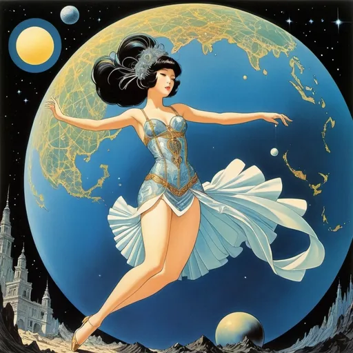 Prompt: George Barbier, Don Maitz, Yukiko Kai, Aapo Rapi, Virgil Finlay, Surrealism, mysterious, bizarre, fantastical, fantasy, Sci-fi, Japanese anime, planet falling through the time axis, looping universe, research of a mini-skirt beautiful girl doctor, perfect voluminous body, detailed masterpiece 