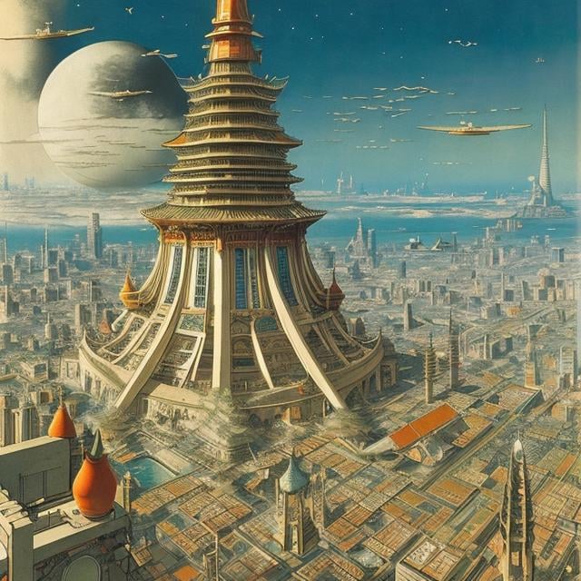 Prompt: Anton Pieck, Katsuhiro Otomo, Richard Dadd Japanese anime surreal mysterious bizarre sci-fi fantasy Tokyo Tower sinking to the bottom of a cup, a girl, hyperdetailed high resolution high definition high quality masterpiece