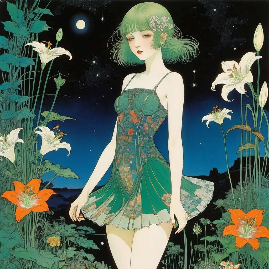 Prompt: Harry Clarke, Jon Whitcomb, Surreal, mysterious, strange, fantastic, fantasy, Sci-fi, Japanese anime, night lily, meteor shower, miniskirt beautiful girl who loves plants, perfect voluminous body, detailed masterpiece 