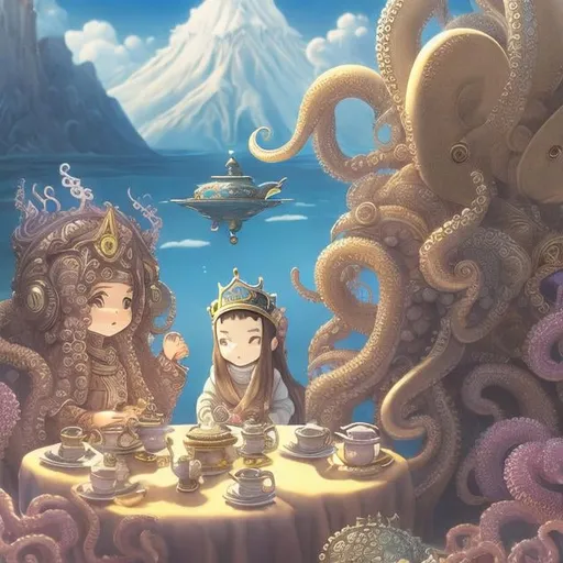 Prompt: Maurice Sendak, A E Marty, Japanese Anime m, Surreal Mysterious Weird Fantastic Fantasy Sci-Fi, Octopus King,  A Girl, Having Tea Together,  Minister Shrimp,  Seahorse Soldier, hyper detailed, high resolution high definition high quality masterpiece 