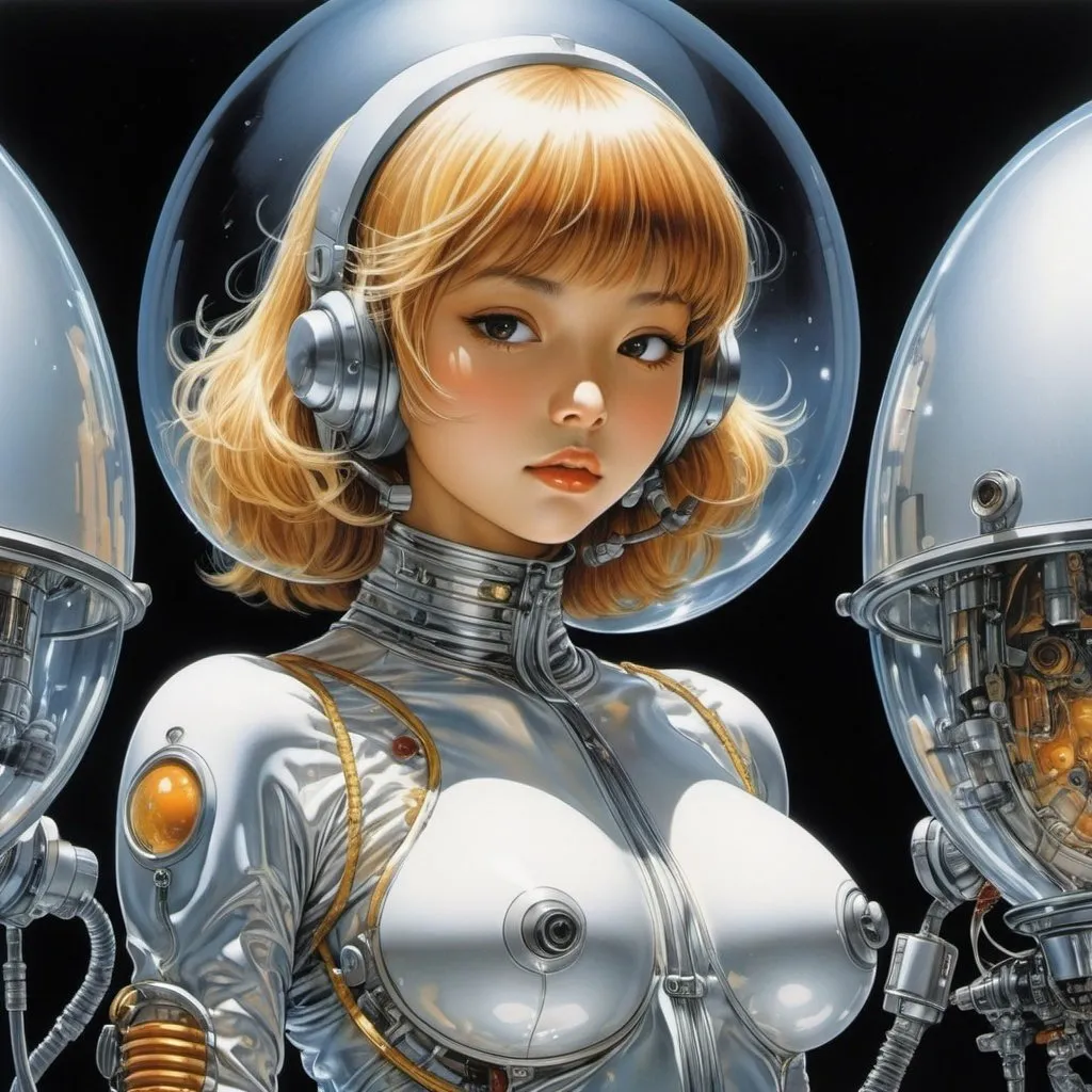 Prompt: Hajime Sorayama, Naoyuki Kato, Alicia Austin, Ron Walotsky, Katsuhiro Otomo, Surrealism, mysterious, bizarre, bizarre, fantasy, Sci-fi, Japanese anime, machine born from an egg, transparent cage, beautiful girl in a space suit, perfect voluminous body, coquettish happy, looking at viewer, zoom in, detailed masterpiece 