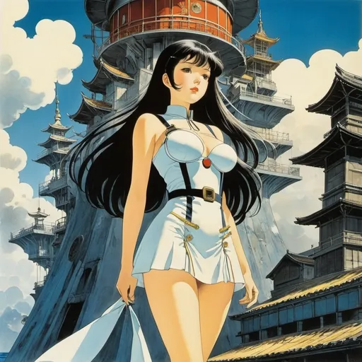 Prompt: Kōji Fukiya, yuu Watase, Eugène Grasset, Satomi Ichikawa, Max Ernst, Surrealism Mysterious Weird Fantastic Fantasy Sci-fi, Japanese Anime, Well in the Tower, Beyond the Sea of ​​Groundwater, Miniskirt Beautiful Girl Captain, perfect voluminous body, detailed masterpiece 