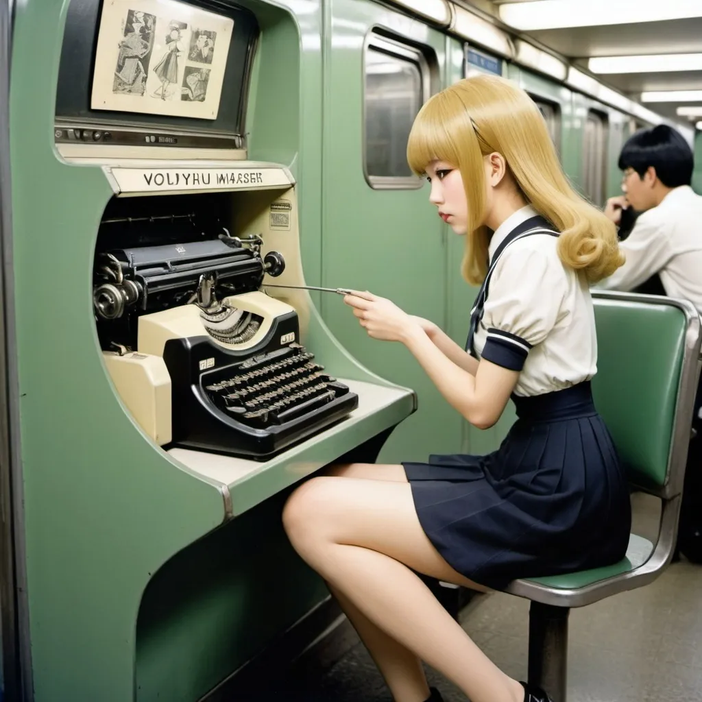 Prompt: George Barbier, Tatsuyuki Tanaka, Yuko Higuchi, Peter Phillips, Dorothy P. Lathrop, Surrealism, strange, bizarre, fantastical, fantasy, Sci-fi, Japanese anime, subway, typewriter, public phone, miniskirt beautiful high school girl, perfect voluminous body, detailed masterpiece 