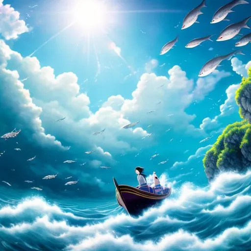 Prompt: Shigeru Tamura, Helen Mary Jacobs, Surreal, mysterious, strange, fantastic, fantasy, Sci-fi, Japanese anime, small boat in the ocean, encountering a large school of flying fish, composition looking up, blue sky, clouds, beautiful girl boatman, perfect voluminous body, detailed masterpiece 
