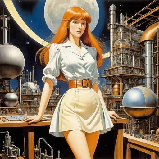 Prompt: Sidney Meteyard, Elizabeth Eleanor Siddal, John Armstrong, Harvey Kurtzman, Charles Meryon full colours, Surrealism Mysterious Weird Fantastic Fantasy Sci-Fi, Japanese Anime, Miniskirt Beautiful Engineer Building the Moon in a Small Factory, perfect voluminous body, Blueprints, Cross Sections, detailed masterpiece 