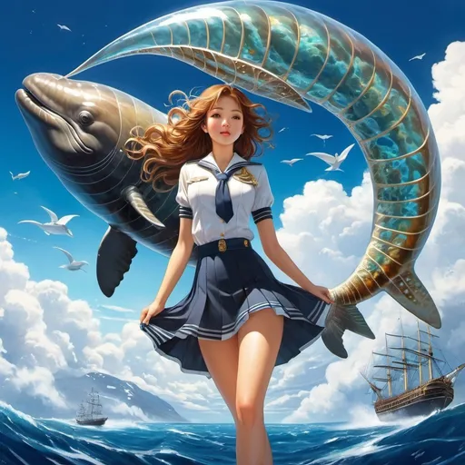 Prompt: Ajubel, Aquirax Uno, Baron Yoshinori, Murray Tinkelman, Edward McKnight Kauffer, Surrealism, wonder, strange, bizarre, fantasy, sci-fi, Japanese anime, a school of humpback whales swimming in the sky, a sailing ship sailing on a sea of ​​clouds, a beautiful girl captain in a miniskirt, solo girl, perfect voluminous body, transparent ammonite, detailed masterpiece 