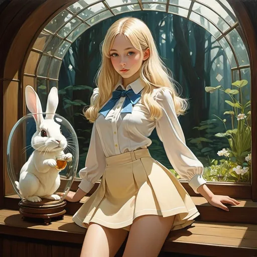 Prompt: Mabel Attwell, Aleksandr Yakovlevich Golovin, Surreal, mysterious, strange, fantastical, fantasy, Sci-fi, Japanese anime, Utopia in a glass, blonde miniskirt beautiful girl Alice, perfect voluminous body, rabbit, detailed masterpiece 