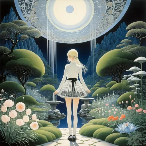 Prompt: Kay Nielsen, Liam Sharp, Surreal, mysterious, strange, fantastic, fantasy, Sci-fi, Japanese anime, beautiful garden, power of shapes, reintegration of the world through metaphor, creating a space in a painting, a beautiful high school girl in a miniskirt, perfect voluminous body, detailed masterpiece 