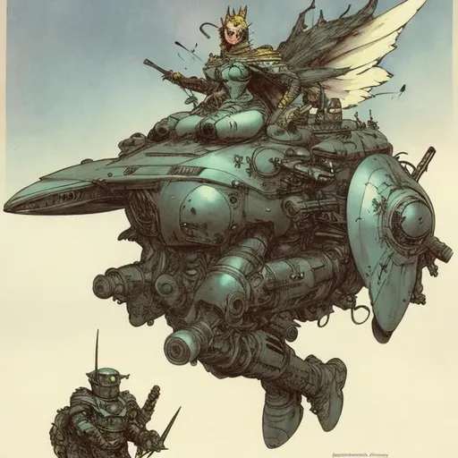 Prompt: Kate Greenaway, Frank Frazetta, Jim Burns, Japanese Anime  Sci-fi Fantasy Fairyland Spaceship War of Aggression Fairy Magic vs. Science, Fairy Warrior Girl, Short armour, cute face, hyperdetailed high resolution high definition high quality masterpiece