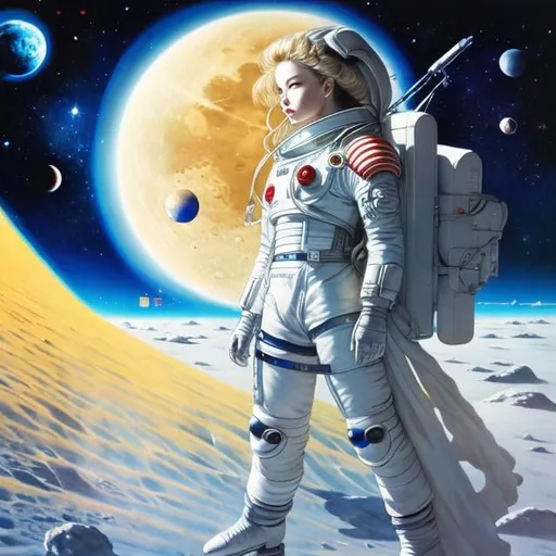 Prompt: Katsuya Terada, Anne Anderson, Surreal, mysterious, strange, fantastic, fantasy, Sci-fi, Japanese anime, ice skating on the moon, beautiful girl in a space suit, perfect voluminous body, planet, galaxy, spaceship, detailed masterpiece 
