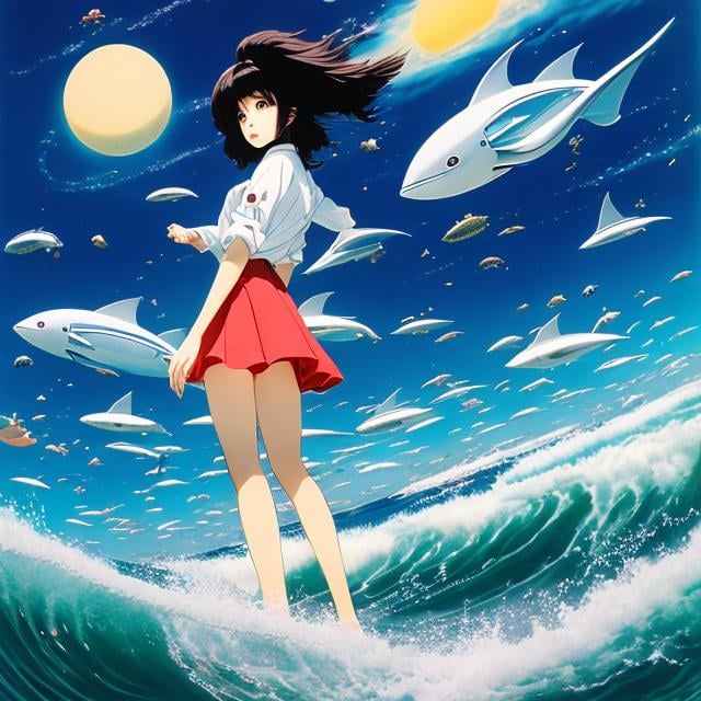 Prompt: Leiji Matsumoto, Tomoko Ninomiya, Surreal, mysterious, strange, fantastical, fantasy, Sci-fi, Japanese anime, this side of Utronica, embarking on the vast sea of ​​science fiction, a voyage chart of an intellectual adventure, a beautiful girl in a miniskirt running on the waves, perfect voluminous body, detailed masterpiece 