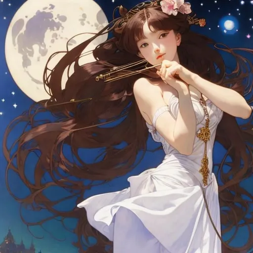 Prompt: Alphonse mucha, Barbara Cooney, Hiroshi Masumura, Surreal, mysterious, bizarre, fantastical, fantasy, Sci-fi, Japanese anime, symphony orchestra on the roof, beautiful girl in a miniskirt playing the violin, perfect body, dancing while playing the violin, long hair flowing, dynamism, bright moonlit night, stars, hyper detailed masterpiece 