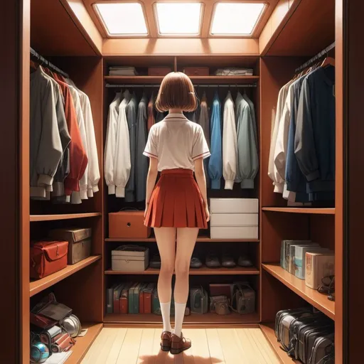 Prompt: Xul Solar, Heath Robinson, Surreal, mysterious, strange, fantastical, fantasy, Sci-fi, Japanese anime, Mars in the closet, beautiful high school girl in a miniskirt standing in front of an open closet, perfect voluminous body, short hair, boyish, detailed masterpiece 