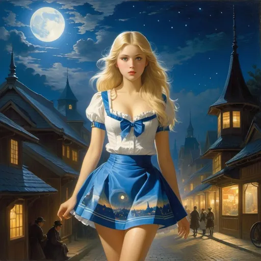 Prompt: Albert Bierstadt, Mikael B, Omar Ba, Surrealism, mysterious, bizarre, fantastical, fantasy, Sci-fi, Japanese anime, electric blonde miniskirt beautiful girl Alice, wearing the clear blue night, perfect voluminous body, traveling through the city of midnight sun, detailed masterpiece 