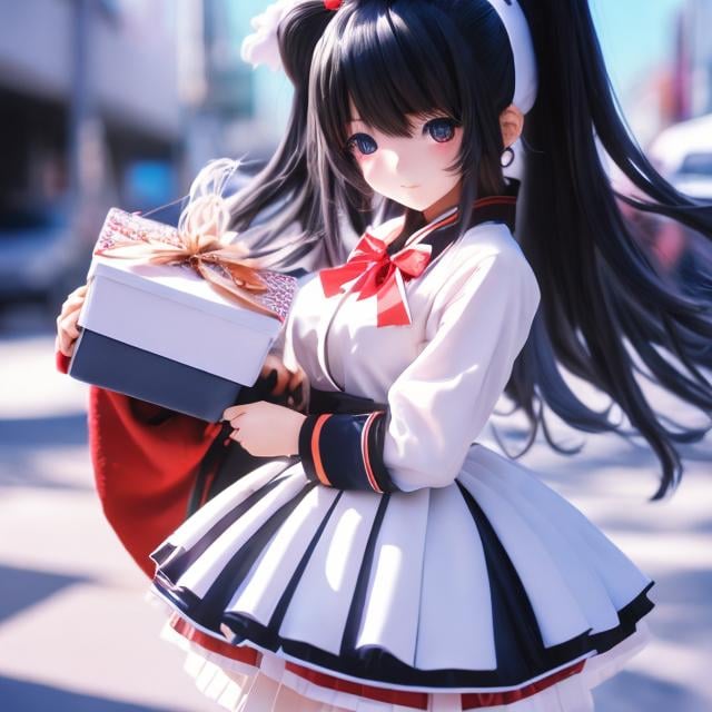 Prompt: Yōji Kuri, Masamune Shiro, Surreal, mysterious, strange, fantastical, fantasy, Sci-fi, Japanese anime, miniskirt beautiful high school girl in Santa cosplay, black hair, handing out presents on the street corner, smile, fun, detailed masterpiece 