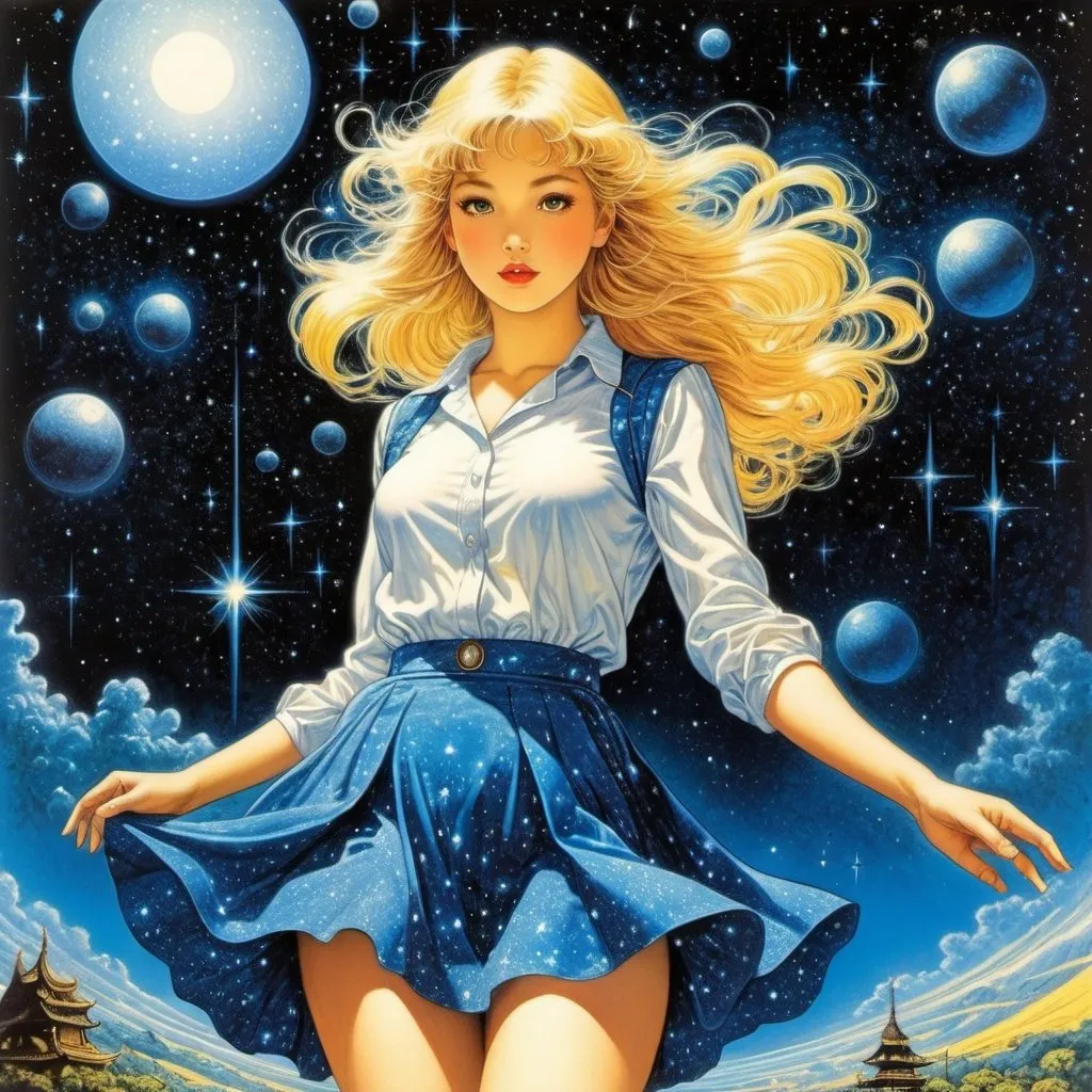 Prompt: Virgil Finlay full colours, Naoko Takeuchi, Surreal, mysterious, strange, fantastical, fantasy, sci-fi, Japanese anime, picking up stars in the sky, star-gathering blonde miniskirt beautiful girl Alice, detailed masterpiece 