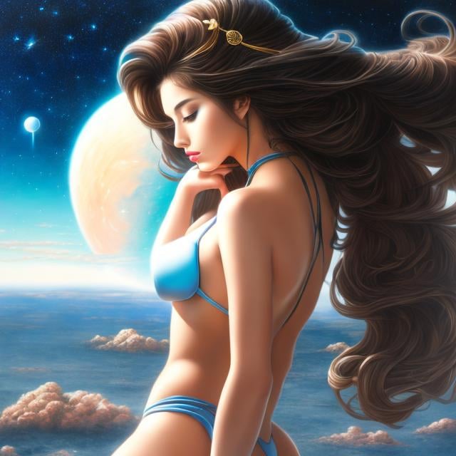 Prompt: Fernando Juarez, Michael Allen Austin, Surreal, mysterious, strange, fantastical, fantasy, Sci-fi, Japanese anime, tower of gravity, dawn, galaxy, beautiful girl, perfect voluminous body, detailed masterpiece 