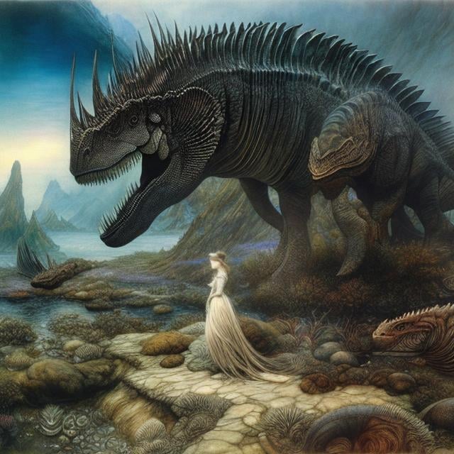 Prompt: Alan Lee, Arthur Rackham, Surreal, mysterious, strange, bizarre, fantasy, Sci-fi, Japanese anime, expanding visual world, beautiful perfect body girl, visualizing rhythm of music, dinosaurs, ammonites, extinct fish, mammals, arthropods, etc., detailed masterpiece 