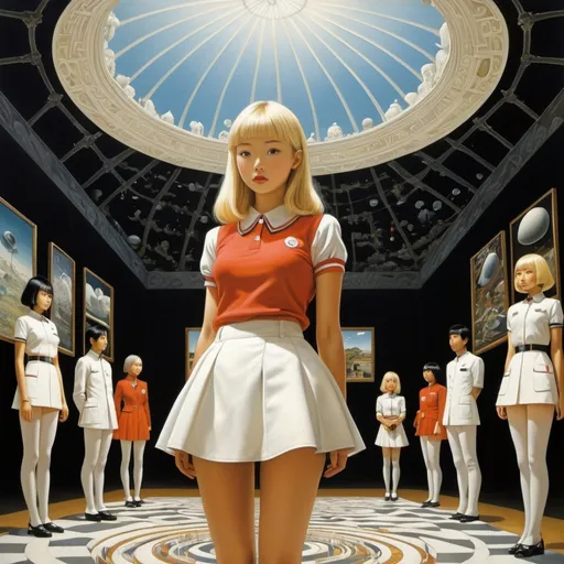 Prompt: Julien Delval, Dudley Huppler, Gertrude Abercrombie, Natsumi Ando, Katsuhiro Otomo, Surrealism, wonder, strange, bizarre, fantasy, Sci-fi, Japanese anime, museum and memory, accumulation of knowledge, exhibition structure, beautiful blonde miniskirt girl Alice, perfect voluminous body, detailed masterpiece 