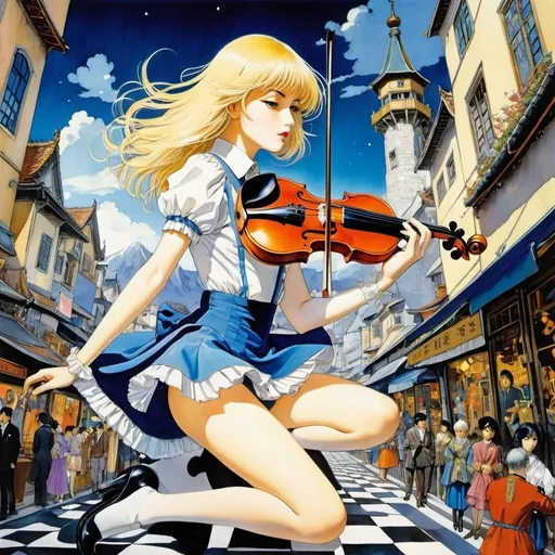 Prompt: Harry Clarke, Dora Keresztes, Masamune Shirow, Yuu Watase, Iassen Ghiuselev, Surrealism, strange, bizarre, fantastical, fantasy, Sci-fi, Japanese anime, a man with the body of a violin plays himself, a beautiful blonde miniskirt girl named Alice walking around town, perfect voluminous body, a floating tea set, a distant mountain range of chess pieces, detailed masterpiece angles perspectives 