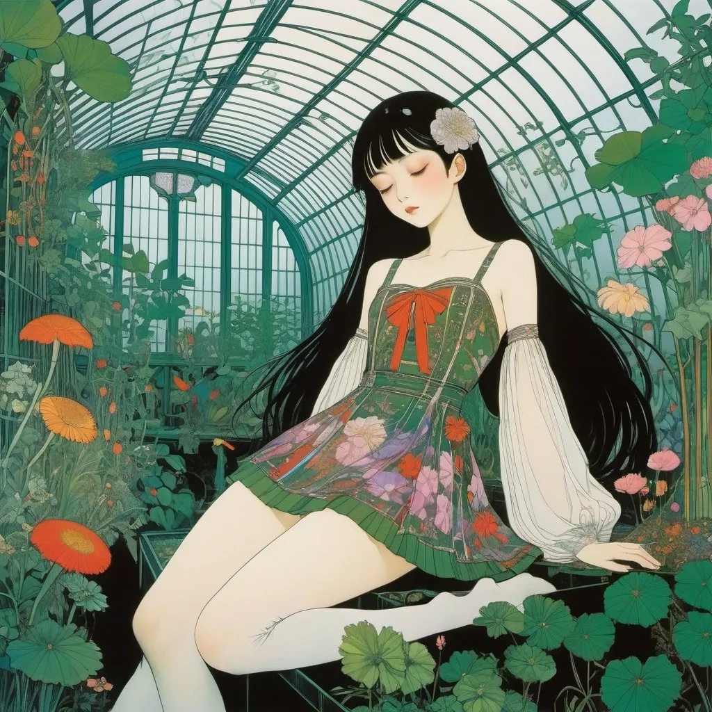 Prompt: Harry Clarke, Yukiko Igarashi, Margaret Tempest, Surrealism Mysterious Weird Fantastic Fantasy Sci-Fi, Japanese Anime, Giant Miniskirt Beautiful Girl Sleeping in a Greenhouse, perfect voluminous body, detailed masterpiece 