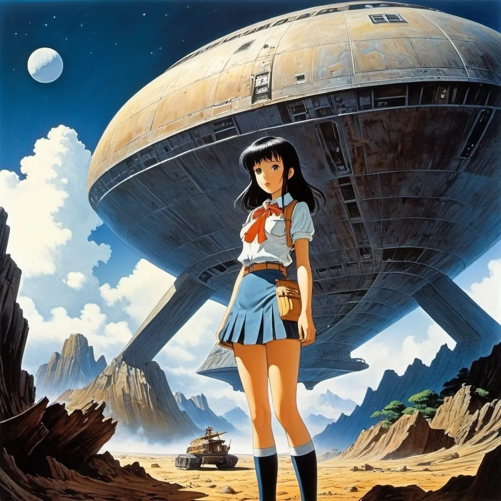 Prompt: Walter Valentini, Wilhelm Kotarbiński, Fujishima Takeji, Natsuki Takaya, Jean Giraud, Surrealism, Mysterious, Bizarre, Outlandish, Fantasy, Sci-Fi, Japanese Anime, Beautiful high school girl in a miniskirt who excavates the fossil of a giant wooden spaceship in the lunar wilderness, perfect voluminous body, detailed masterpiece 