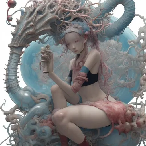 Prompt: James Jean, Hieronymus Bosch, Surreal, mysterious, strange, fantastical, fantasy, Sci-fi, Japanese anime, mannequin, wheel, glass bottle, seahorse, sitting miniskirt beautiful high school girl, perfect voluminous body, detailed masterpiece 