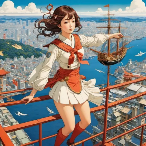 Prompt: Eugène Grasset, Hinako Ashihara, Surreal, mysterious, strange, fantastical, fantasy, Sci-fi, Japanese anime, flying propeller sailing ship, over Tokyo, miniskirt beautiful girl captain, perfect voluminous body, detailed masterpiece bird’s eye view perspectives 