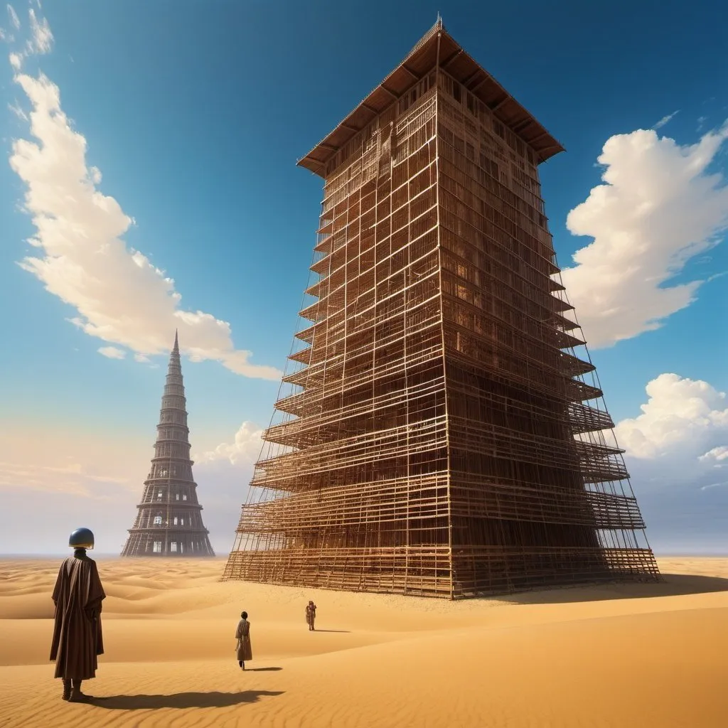 Prompt: Wladyslaw Benda, Kentaro Yabuki, Surreal, mysterious, bizarre, fantastical, fantasy, Sci-fi, Japanese anime, a giant wooden mannequin sinking into the desert, the Spiral Tower of Babel towering in the distance, a multicolored transparent sky, a metal cube, detailed masterpiece wide angle views