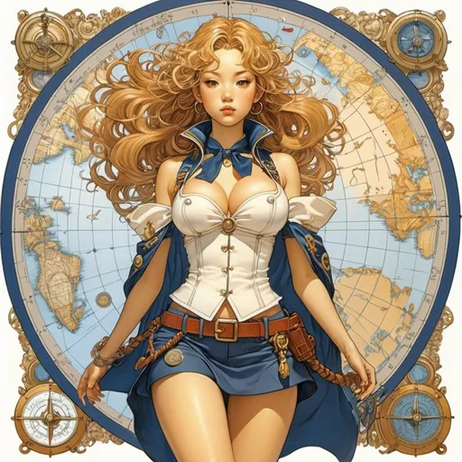 Prompt: Katsuya Terada, James Jean, Mabel Attwell, Surreal, mysterious, strange, fantastical, fantasy, sci-fi, Japanese anime, nautical chart to cross the vast ocean of words is also a compass, voyage, miniskirt beautiful girl captain, perfect voluminous body, nautical chart called a dictionary, detailed masterpiece 