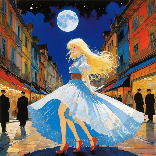 Prompt: Harry Clarke, Don Davis, Hiromi Matsuo, Ricardo de los Ríos full colours, Carles Fontserè, Joan Junceda, Surrealism, wonder, strange, bizarre, fantasy, Sci-fi, Japanese anime, full moon of melting glass, perpetual motion machine in the town square, sleeping blonde miniskirt beautiful girl Alice, perfect voluminous body, detailed masterpiece low high angles perspectives 