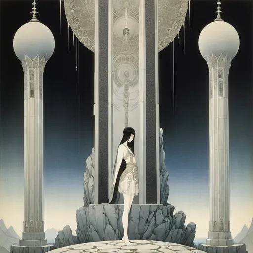 Prompt: Kay Nielsen, Wladyslaw Hasior, Surreal, mysterious, bizarre, fantastical, fantasy, Sci-fi, Japanese anime, stone monster, twisting pillar, monk's vision, miniskirt pilgrimage beautiful girl, perfect voluminous body, detailed masterpiece 