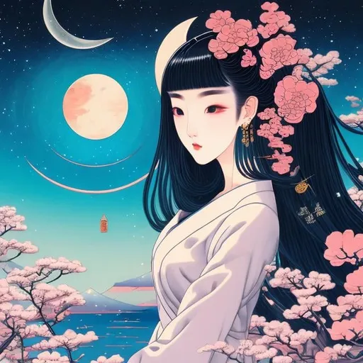 Prompt: Andrea Beaty Ukiyo-e style, surreal, mysterious, strange, bizarre, fantasy, Sci-fi fantasy, anime, internet surfing, beautiful girl, cyber world, the ocean of the internet is infinite, crescent moon, space stationDetailed masterpiece 