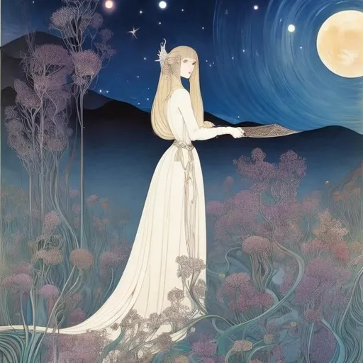 Prompt: Kay Nielsen, Mabel Attwell, Surreal, mysterious, strange, fantastical, fantasy, Sci-fi, Japanese anime, miniskirt beautiful girl Alice, Alice who likes ramen, Shinjuku stall, moonlit night, favorite shooting star, detailed masterpiece 