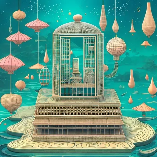 Prompt: Heath Robinson, Vladana Likar-Smiljanić, Japanese Anime Surreal Mysterious Bizarre Sci-fi Fantasy Floating telephone booth Trilobite Geometric architecture Design 3D drawing Shogi board Conch shell, a girl, detailed, high resolution high definition high quality masterpiece