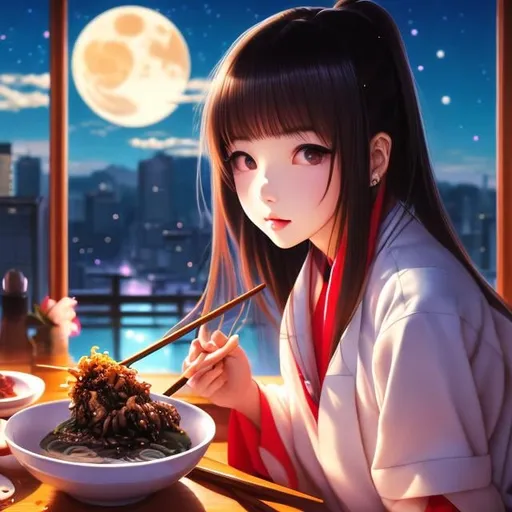 Prompt: Hiroshi Masumura, Anne Anderson, Kiichi Okamoto, Surreal, mysterious, strange, fantastical, fantasy, Sci-fi fantasy, anime, beautiful miniskirt high school girl eating ramen, soy sauce ramen, chashu, moonlit night, detailed masterpiece 