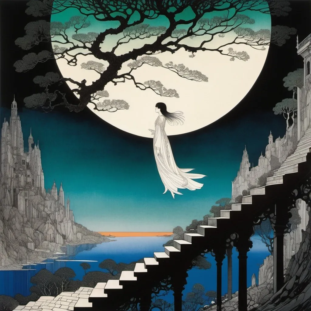 Prompt: Harry Clarke, Oskar Lebeck, Surreal, mysterious, strange, fantastical, fantasy, Sci-fi, Japanese anime, walking fish, burning tree, beautiful girl, perfect voluminous body, eternal staircase, horizon, detailed masterpiece bird’s eye views