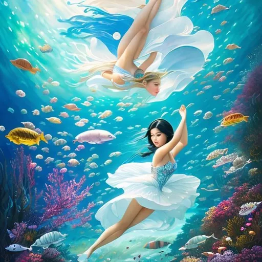Prompt: Margaret Tarrant, TRAN NGUYEN, Sulamith Wülfing, Florence Harrison, Japanese anime, girl swimming in ocean of time, stars at the bottom of sea, celestial model, going back to tomorrow, surreal wonder strange bizarre sci-fi fantasy, hyperdetailed high RE high definition high quality masterpiece