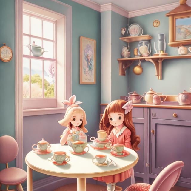 Prompt: Mabel Attwell, Maurice Sendak, Naoko Takeuchi, Surreal, mysterious, bizarre, fantastic, fantasy, Sci-fi, Japanese anime, paranoia critic, bipedal Mr. Platypus, beautiful blonde miniskirt girl Alice having tea, perfect voluminous body, Alice in a teapot house, detailed masterpiece cute 