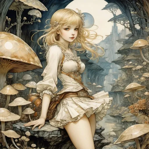 Prompt: Arthur Rackham, James Jean, Walter Crane, Surreal, mysterious, strange, fantastical, fantasy, Sci-fi, Japanese anime, urban fossil hunting, mineral life, blonde miniskirt beautiful girl Alice, perfect body, detailed masterpiece wide angles 