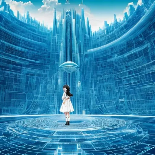 Prompt: Adolfo Hohenstein, Toriko Chiya, Surreal, mysterious, bizarre, fantastical, fantasy, Sci-fi, Japanese anime, blueprint of the Tower of Babel, blueprint, perspective, perspective, cross-section, developed view, reaching all the way to the sky.A miniskirt beautiful girl researcher examines the blueprint, detailed masterpiece perfect voluminous body