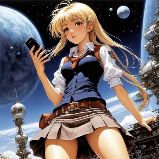 Prompt: Alexandre Clérisse, Catherine Meurisse, Boulet, Masamune Shirow, Surrealism Mysterious Weird Fantastic Fantasy Sci-Fi, Japanese Anime, Miniskirt Beautiful High School Girl Chatting with a Comet, perfect voluminous body, Astronomical Beautiful Girl's Mobile Phone, Laughing Solar System, detailed masterpiece 