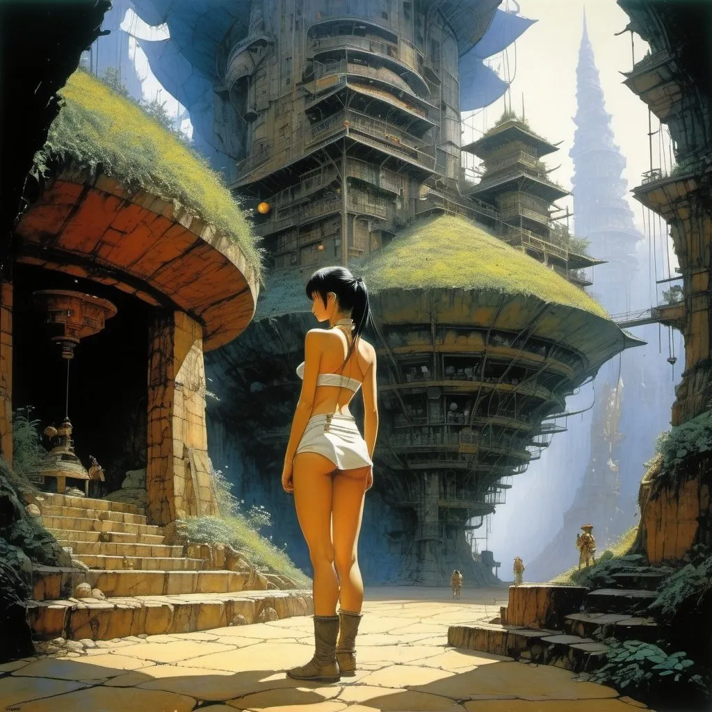 Prompt: Enki Bilal, Jean Giraud, Jean-Claude Mézières, Harue Koga, John Blanche, Surrealism, wonder, strange, fantastical, fantasy, Sci-fi, Japanese anime, pottery kiln keeper, beautiful girl in miniskirt, perfect voluminous body sweating, organic geometric artificial object forest, life inside objects, detailed masterpiece 