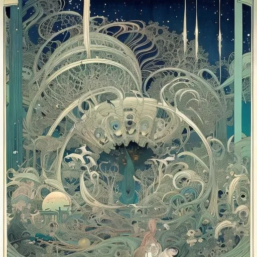 Prompt: Kay Nielsen, Frank Pape, Ukiyo-e style, Anime　surreal　wondrous　strange　Whimsical　absurderes　fanciful　Sci-Fi Fantasy　World Theatre　The Mystery of Art Reflecting the Universe　Theater architecture that encompasses space