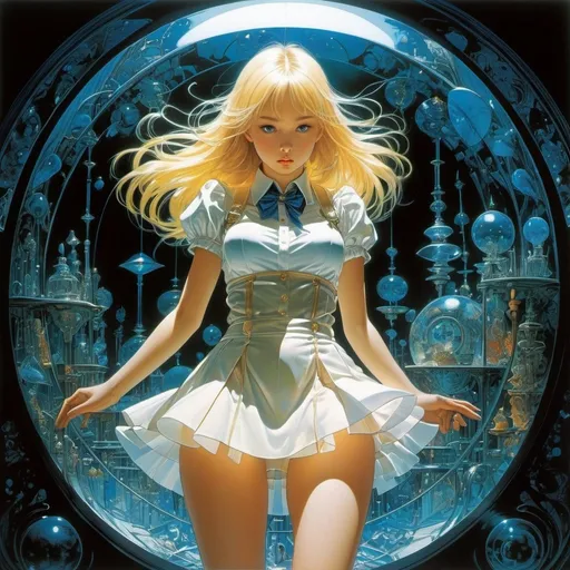 Prompt: Phillipe Druillet, Naoyuki Kato, Surreal, mysterious, strange, fantastical, fantasy, Sci-fi, Japanese anime, specimen box of light and glass, beautiful blonde miniskirt girl Alice, perfect voluminous body, non-existent object, detailed masterpiece 