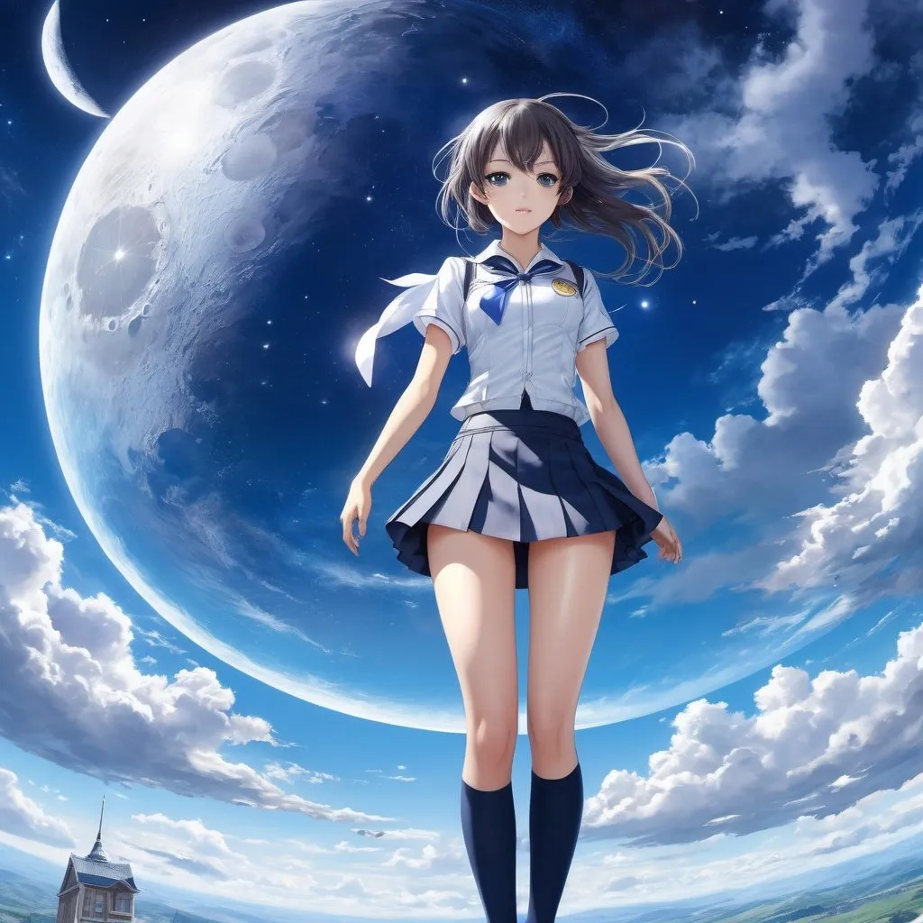 Prompt: Clovis Trouille, Akihiko Yoshida, Surreal, mysterious, strange, fantastical, fantasy, Sci-fi, Japanese anime, earth frame, orbital axis of the moon and the earth, miniskirt beautiful high school girl, perfect body, transparent blue sky, detailed masterpiece 