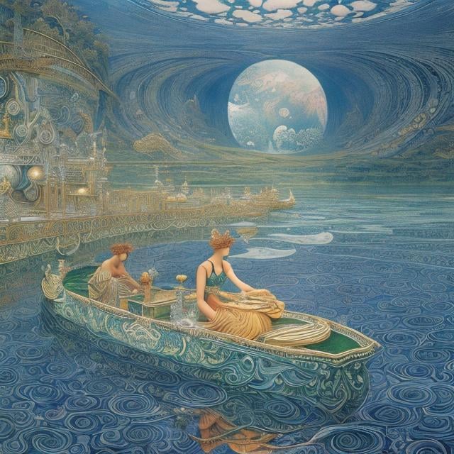 Prompt: Walter crane, A E Marty, François Schuiten, surreal, mysterious, strange, bizarre, fantasy, Sci-fi fantasy, Japanese anime, beautiful girl Alice, illusion art, science of perspective and vision, seeing, subjective reconstruction of the world, Brocken phenomenon, rainbow, sensory organs, world inside the head, baroque, King's garden, riding on a sphere Girl Bicycle Seashell Geometric Machine, detailed masterpiece, high resolution definition quality, depth of field, cinematic lighting