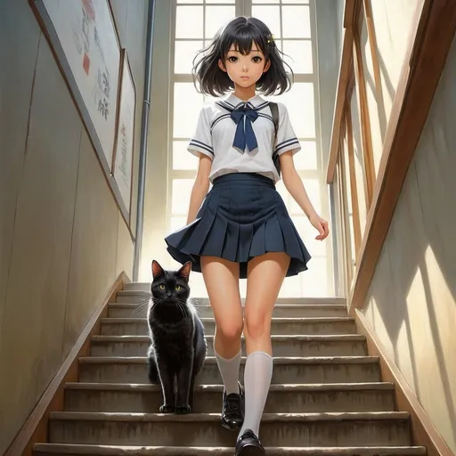 Prompt: Kōji Fukiya, Stevan Dohanos, Surreal, mysterious, strange, fantastical, fantasy, Sci-fi, Japanese anime, eternal ♾️-shaped stairs, a miniskirt beautiful high school girl walking with a cat on the stairs, perfect voluminous body, detailed masterpiece 
